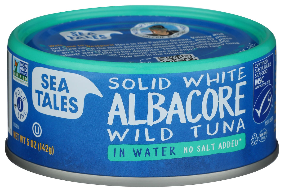 Sea Tales Albacore Tuna in Water No Salt Added, front view, light flaky texture ideal for salads.