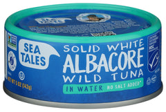 Sea Tales Albacore Tuna in Water No Salt Added, front view, light flaky texture ideal for salads.