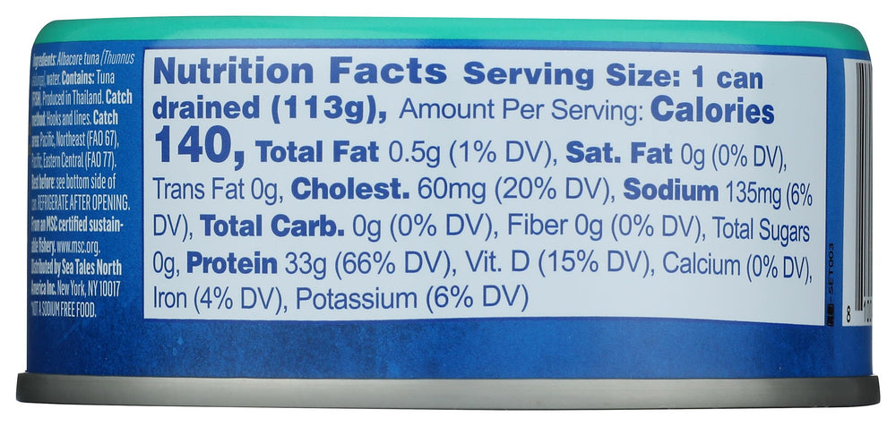Sea Tales label close-up shows no added salt and Non-GMO certification.