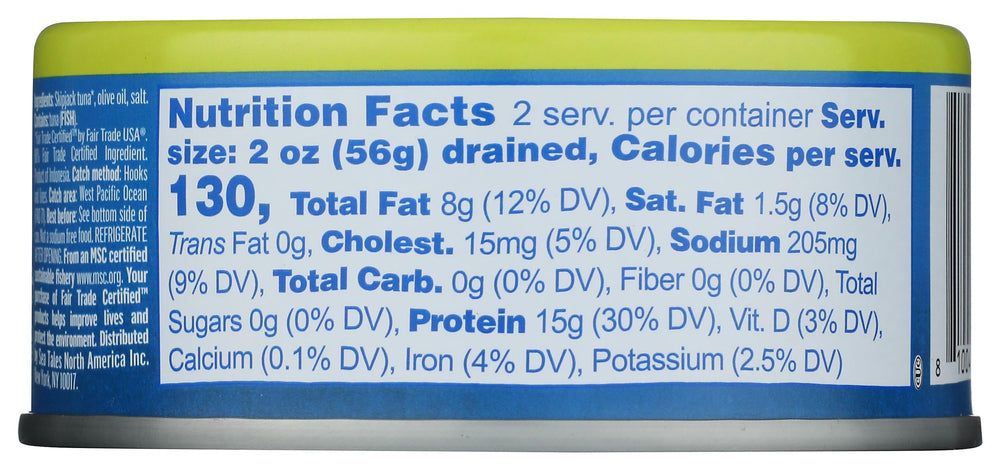 Sea Tales tuna can with olive oil label closeup, highlighting quality ingredients