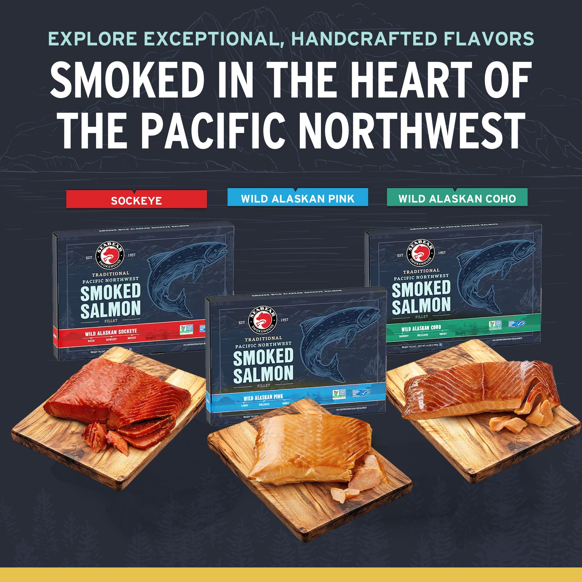 SeaBear gold seal vacuum pouches preserve flavor without refrigeration.