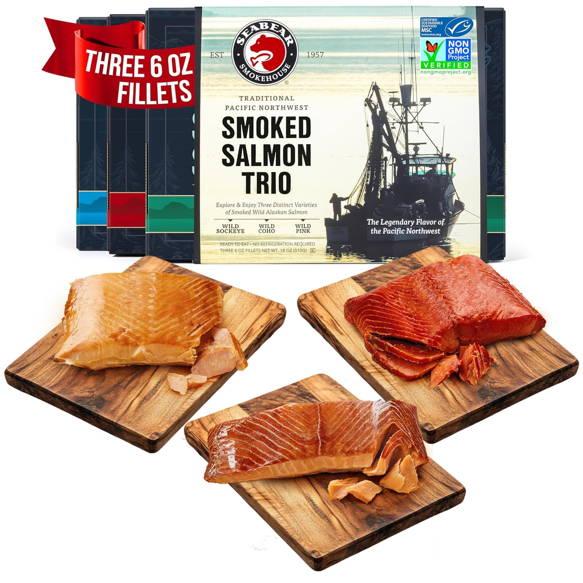 SeaBear smoked salmon trio box for gifting and tasting experiences.