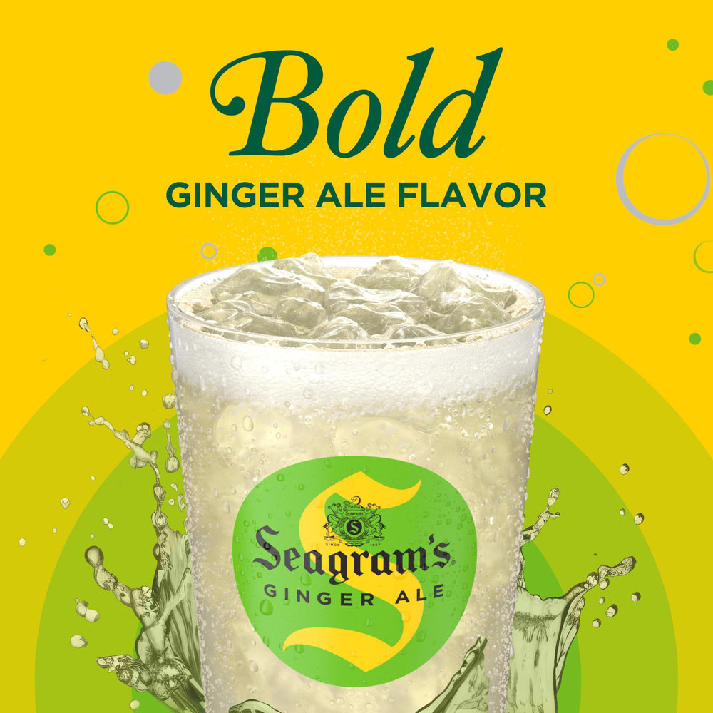 Seagram's Ginger Ale label close-up highlighting natural flavors and caffeine-free promise.