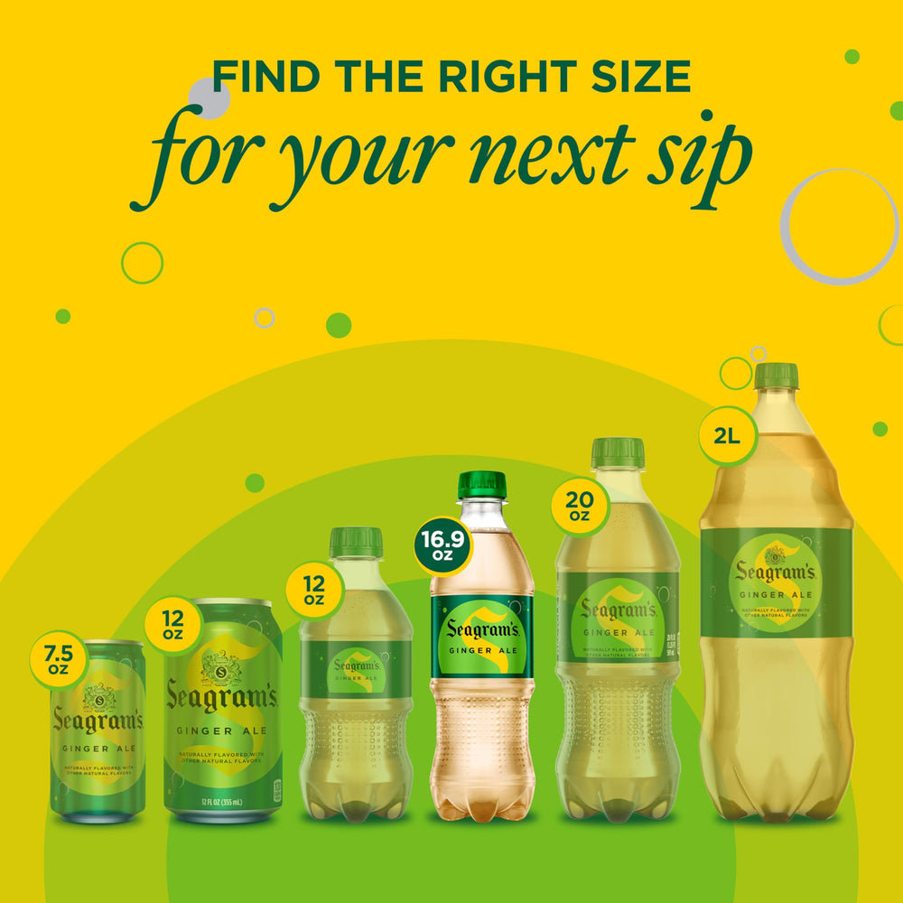 Seagram's Ginger Ale label close-up—crisp, caffeine-free flavor shown