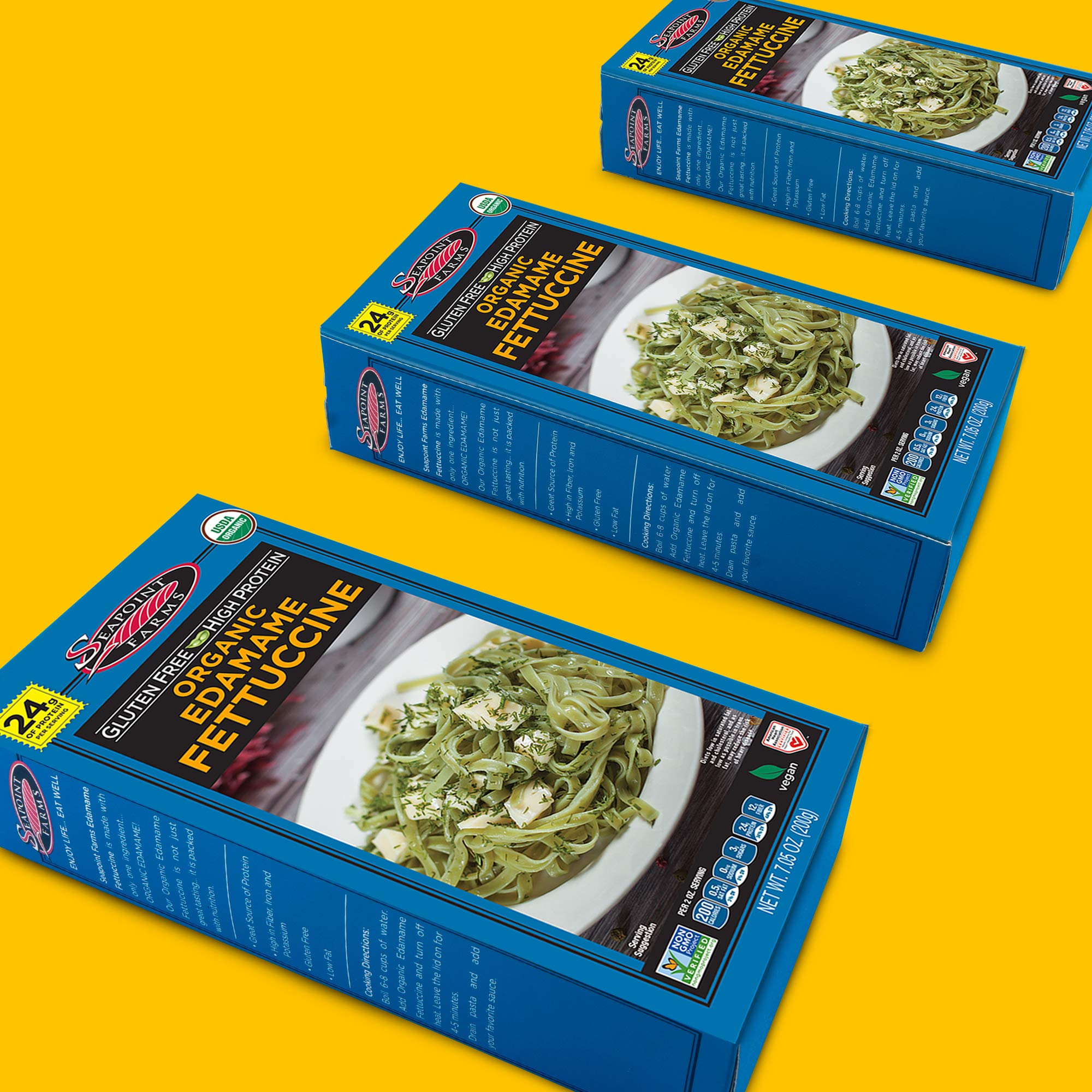 Kitchen scene with edamame fettuccine bag suggests pantry-friendly staple