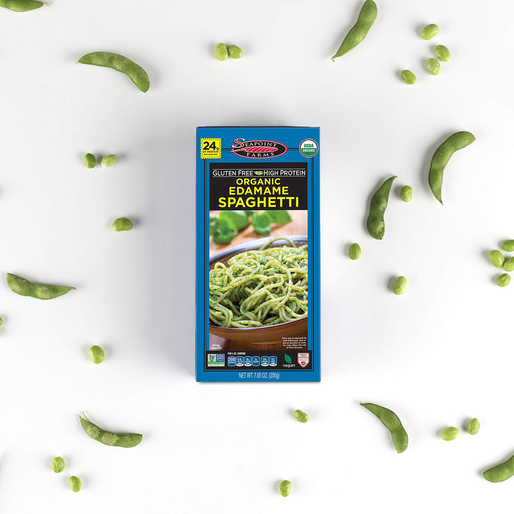 Cooked Seapoint Farms Edamame Spaghetti plated with sauce highlighting protein-rich pasta