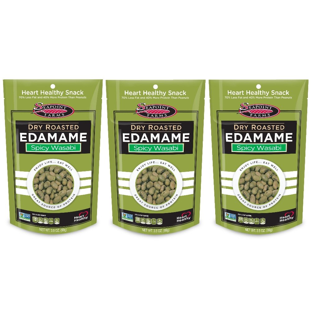 Seapoint Farms edamame wasabi dry roasted in a bowl, crunchy, protein-rich on-the-go snack.