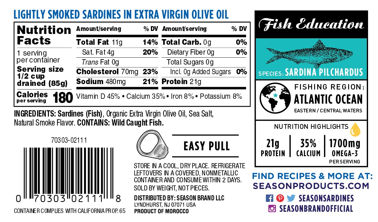Season Sardines close-up in oil highlights silky texture and shine.