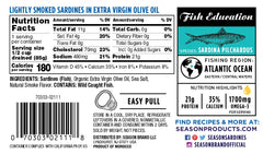 Season Sardines close-up in oil highlights silky texture and shine.