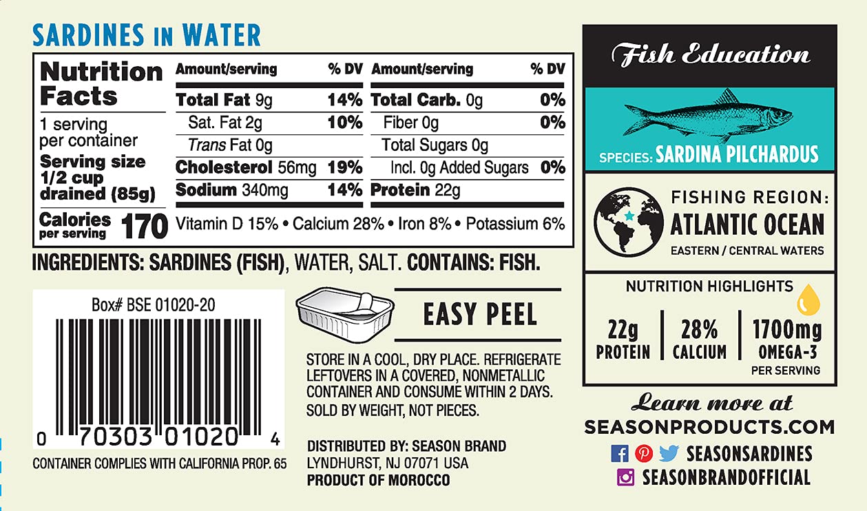 SEASON sardines nutrition label close-up highlights omega-3s and calcium.