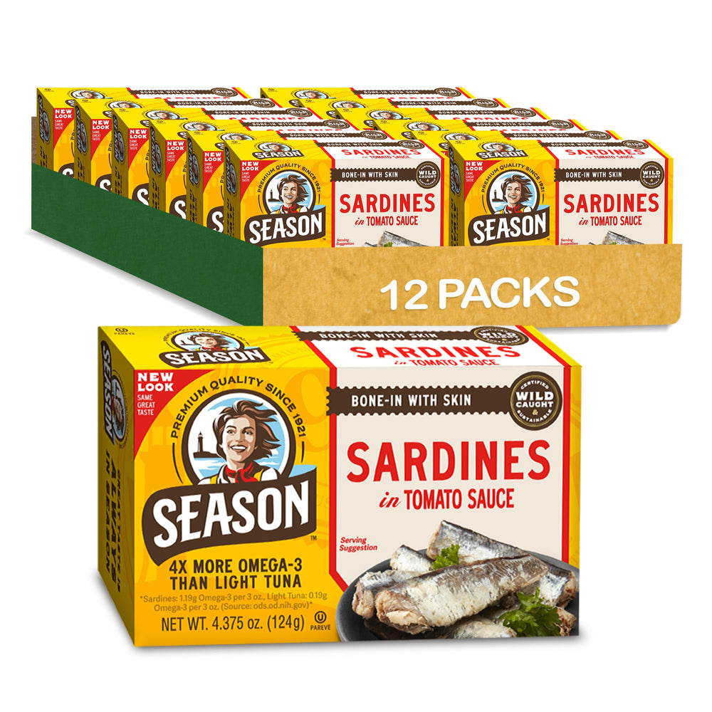 Season Sardines in Tomato Sauce front can displaying label and omega-3 rich protein.