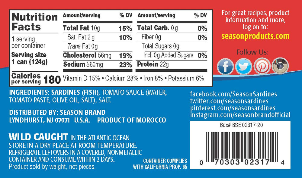 Season Sardines in Tomato Sauce opened tin ready to eat as a protein snack.
