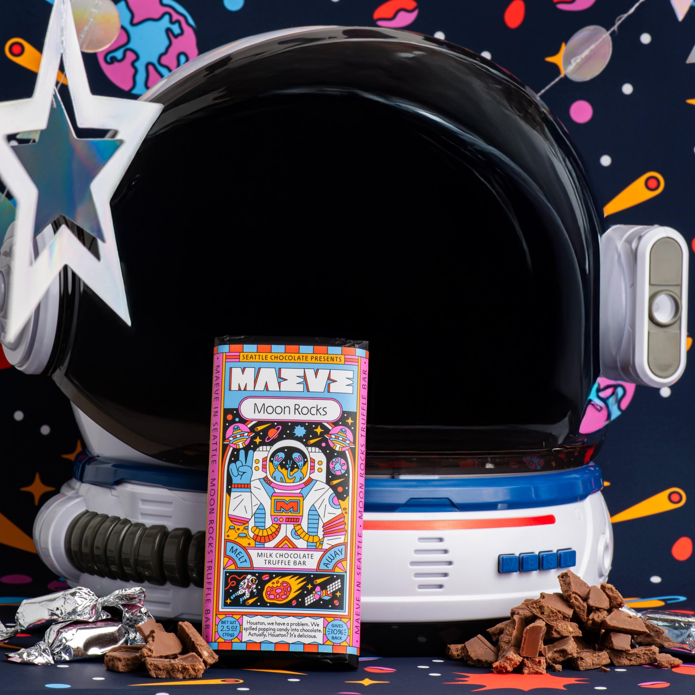 Popping candies add playful crunch to Maeve Moon Rocks Truffle Bar.