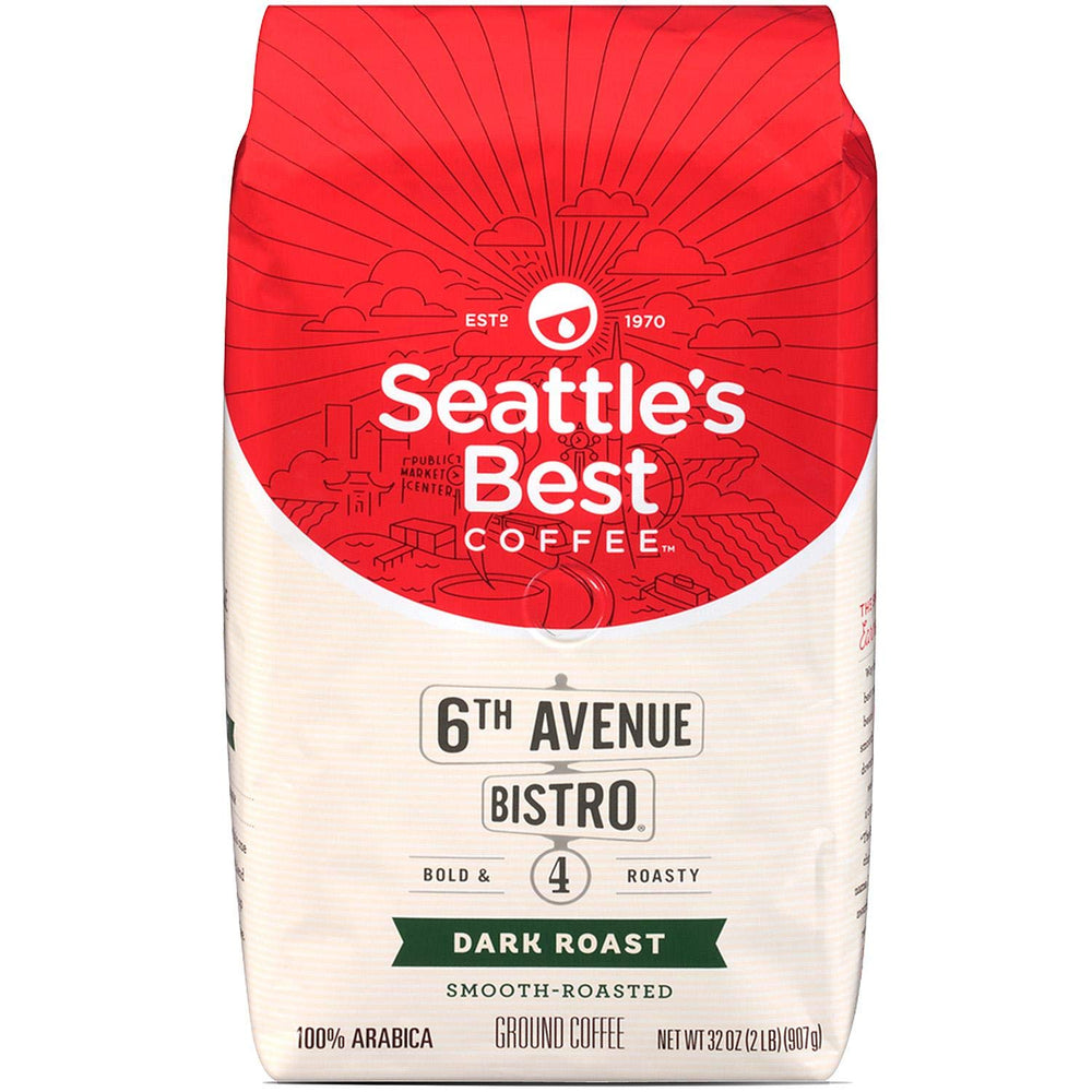 Seattle's Best Coffee 6th Avenue Bistro Level 4 roast packaging showcases rich aroma for bold mornings.