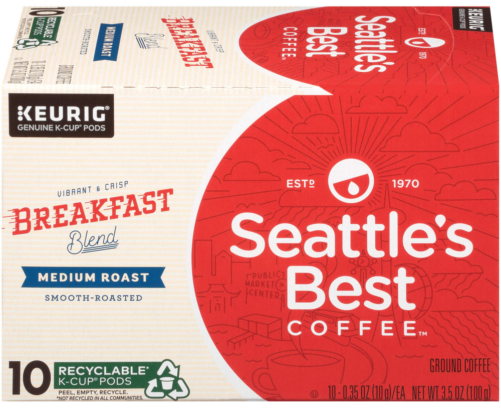 Seattle's Best Breakfast Blend K-Cup pods in front of box for convenient morning brewing.