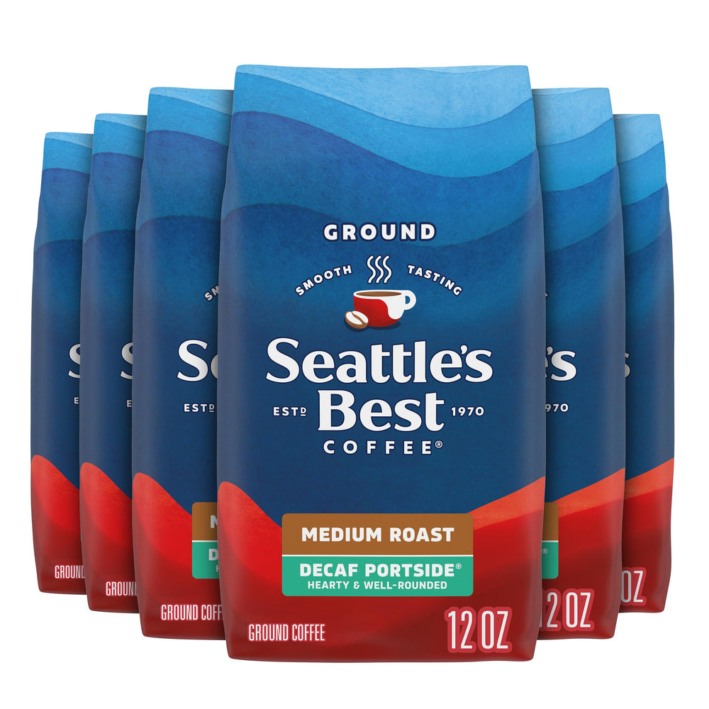 Seattle's Best Coffee Decaf Portside bag on display, rich aroma without caffeine for anytime brewing.