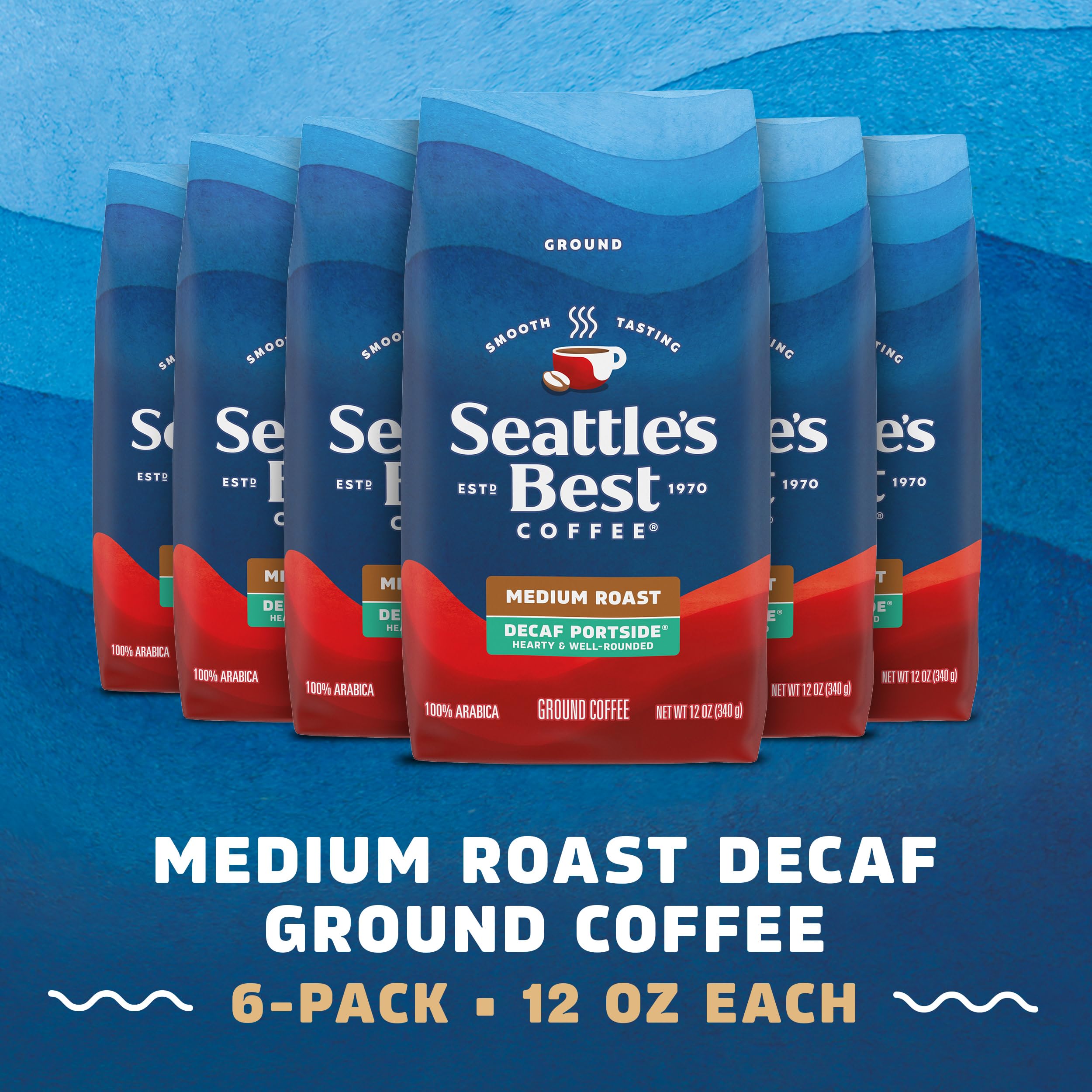 Close-up of Seattle's Best Portside ground decaf, smooth flavor for home brewing.