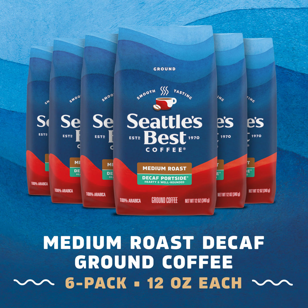 Close-up of Seattle's Best Portside ground decaf, smooth flavor for home brewing.