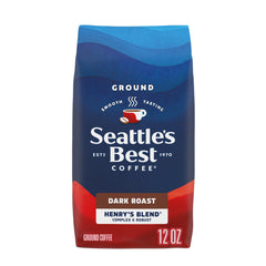 Seattle's Best Coffee Henry's Blend dark roast ground coffee bag front view highlights smooth flavor.