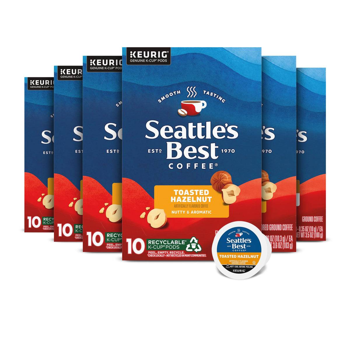 Seattle's Best Toasted Hazelnut boxes display six-pack convenience for daily brews.