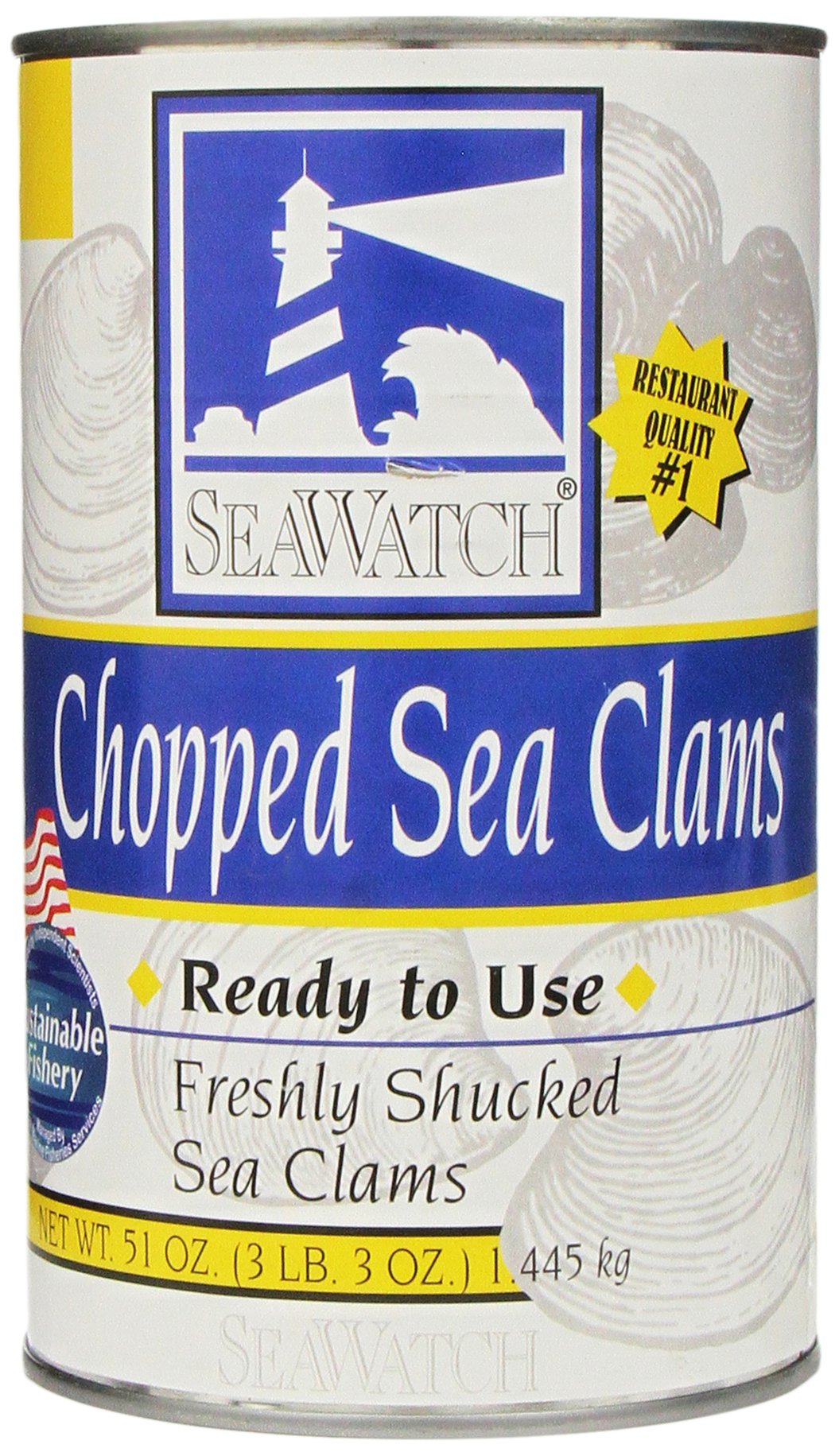 SeaWatch chopped sea clams in 51oz can ideal for family meals and restaurant prep