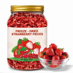 SEAYOFA 8oz freeze-dried strawberry pieces close-up with vibrant color and crunch.