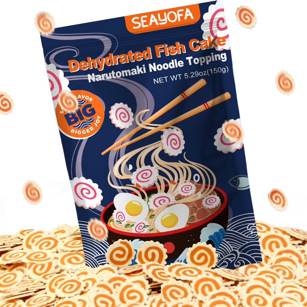 SEAYOFA Narutomaki slices in pink-white swirl close-up for ramen, adds vibrant color and texture.