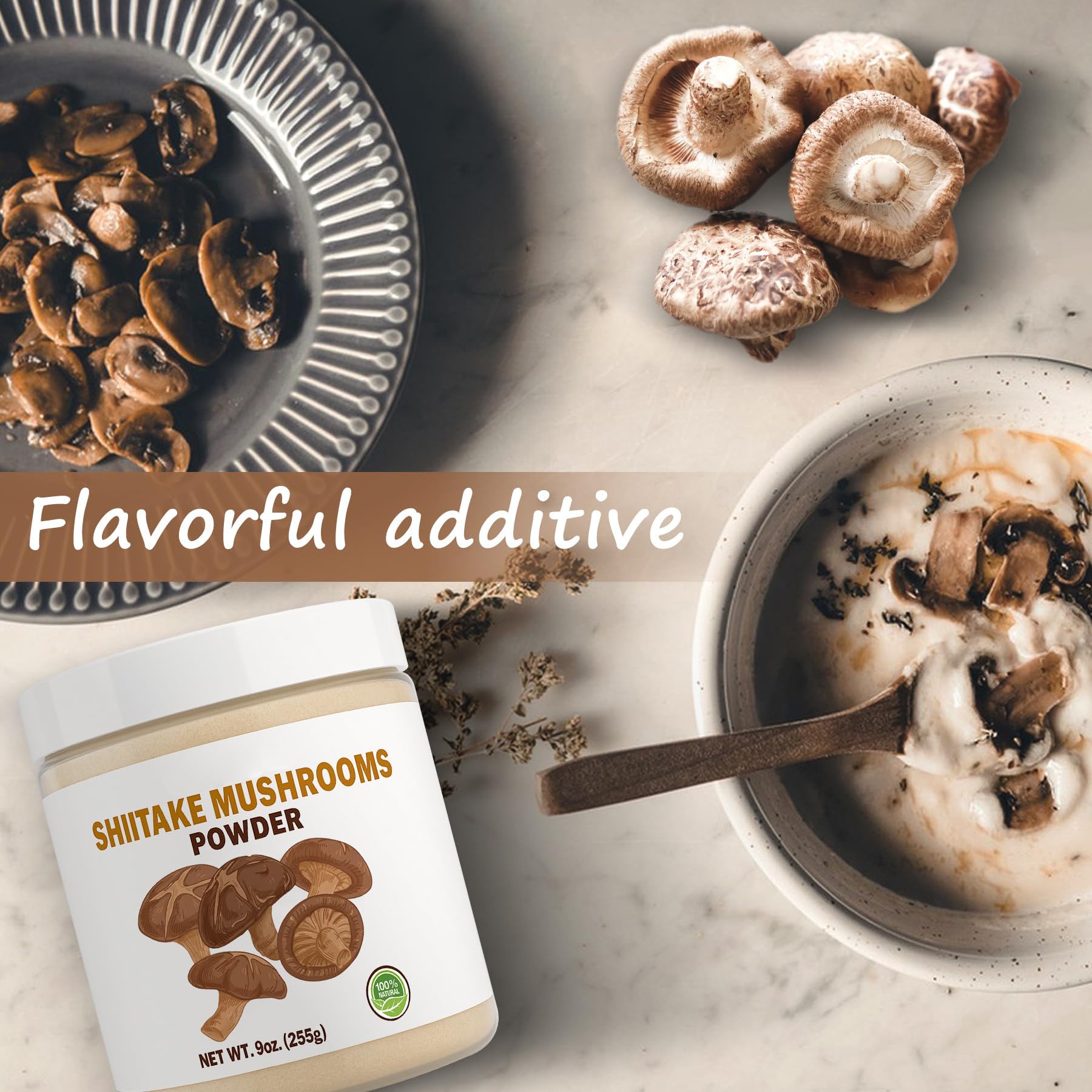 SEAYOFA shiitake powder in soup bowl adds depth to broth.