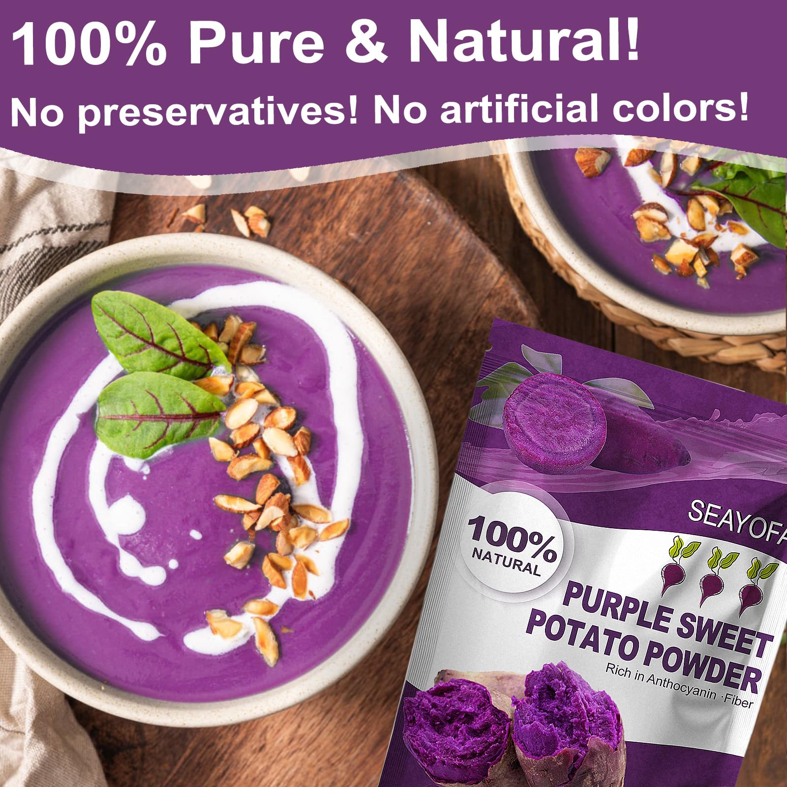 SEAYOFA Ube powder in latte showing colorful beverage tint.