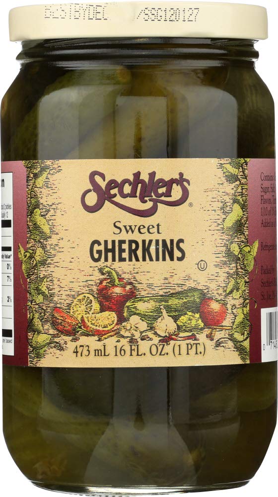 Sechlers Sweet Gherkins bottle ready for snacking with crisp crunch