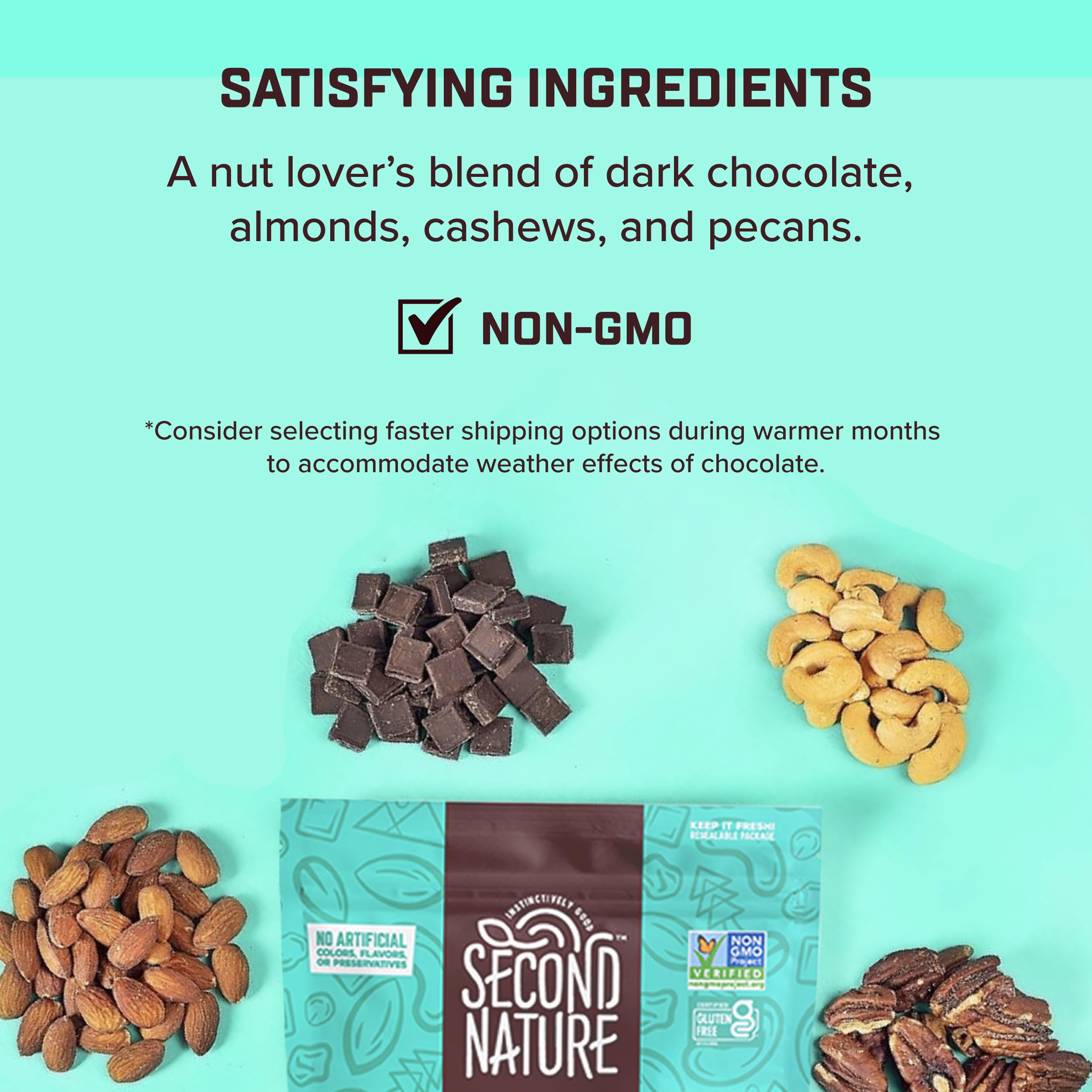 Second Nature almonds, cashews and pecans combine with rich chocolate for a flavorful, satisfying bite.