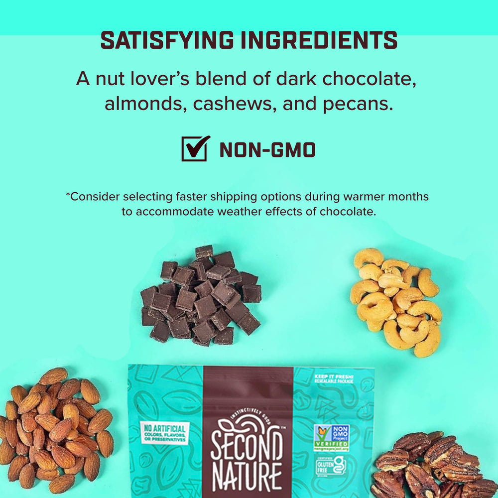 Second Nature almonds, cashews and pecans combine with rich chocolate for a flavorful, satisfying bite.
