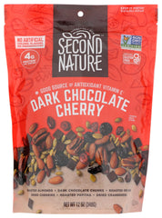 Second Nature Dark Chocolate Cherry Trail Mix bag on shelf, ideal for on-the-go snacking.