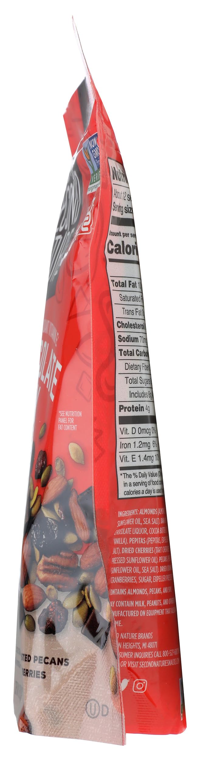 Close-up of dark chocolate chunks in Second Nature mix, delivering chocolatey richness.