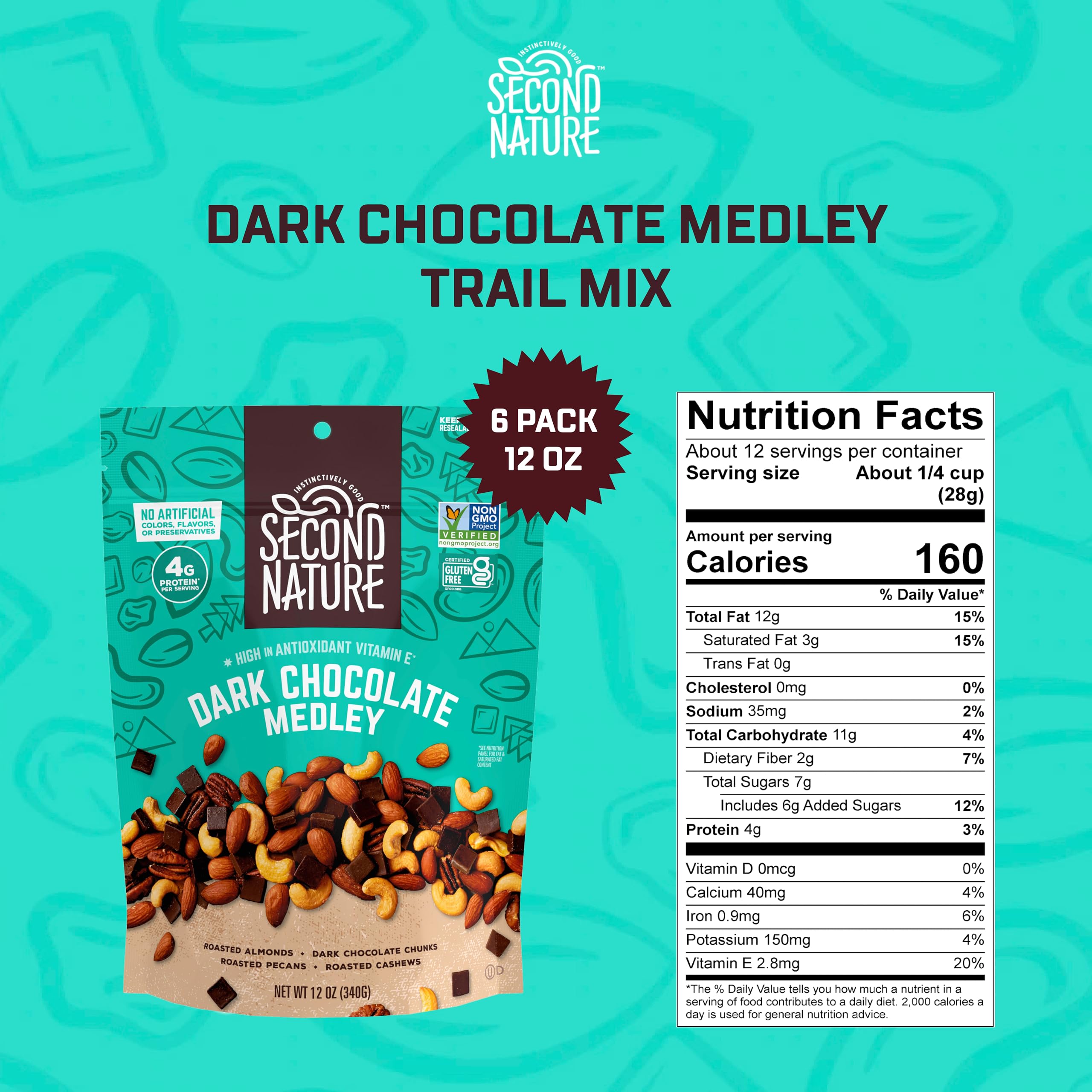 Second Nature trail mix served in a bowl showcases almonds, cashews, pecans with dark chocolate.
