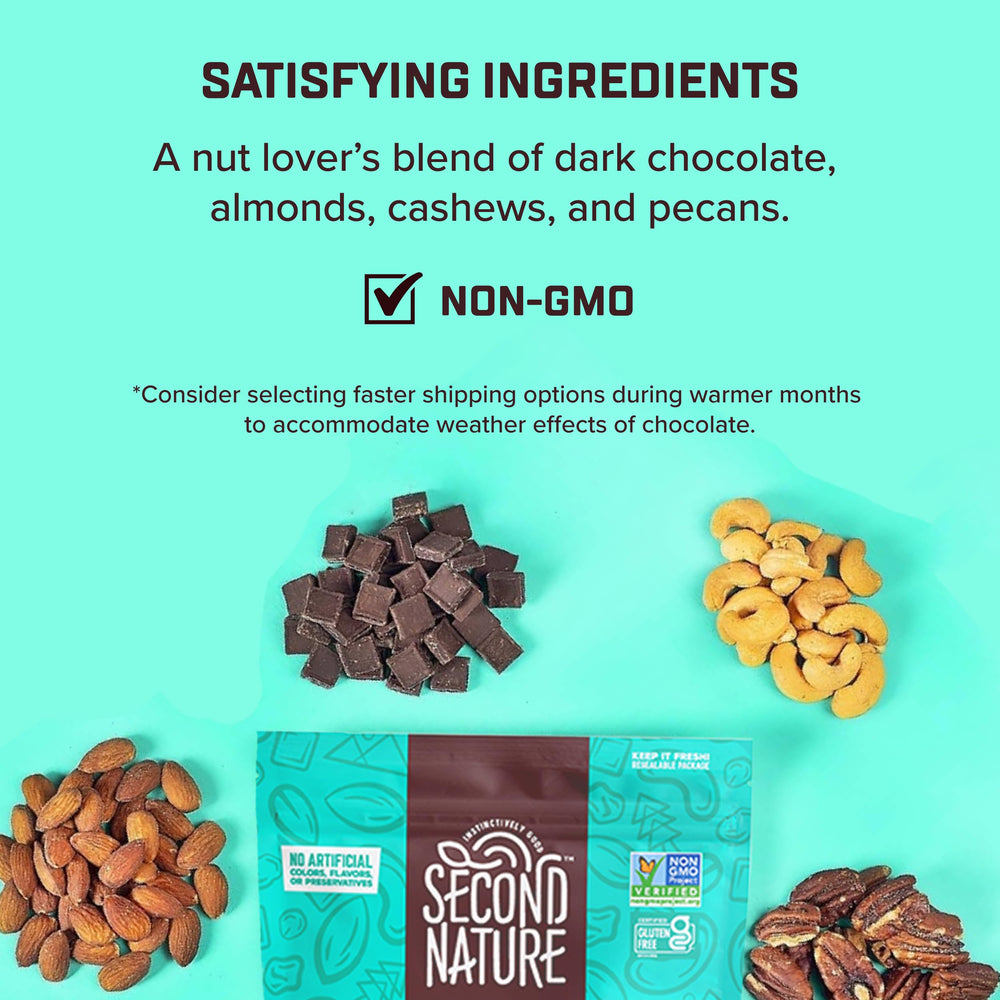 Second Nature Dark Chocolate Medley trail mix, dark chocolate chunks, on-the-go flavor.