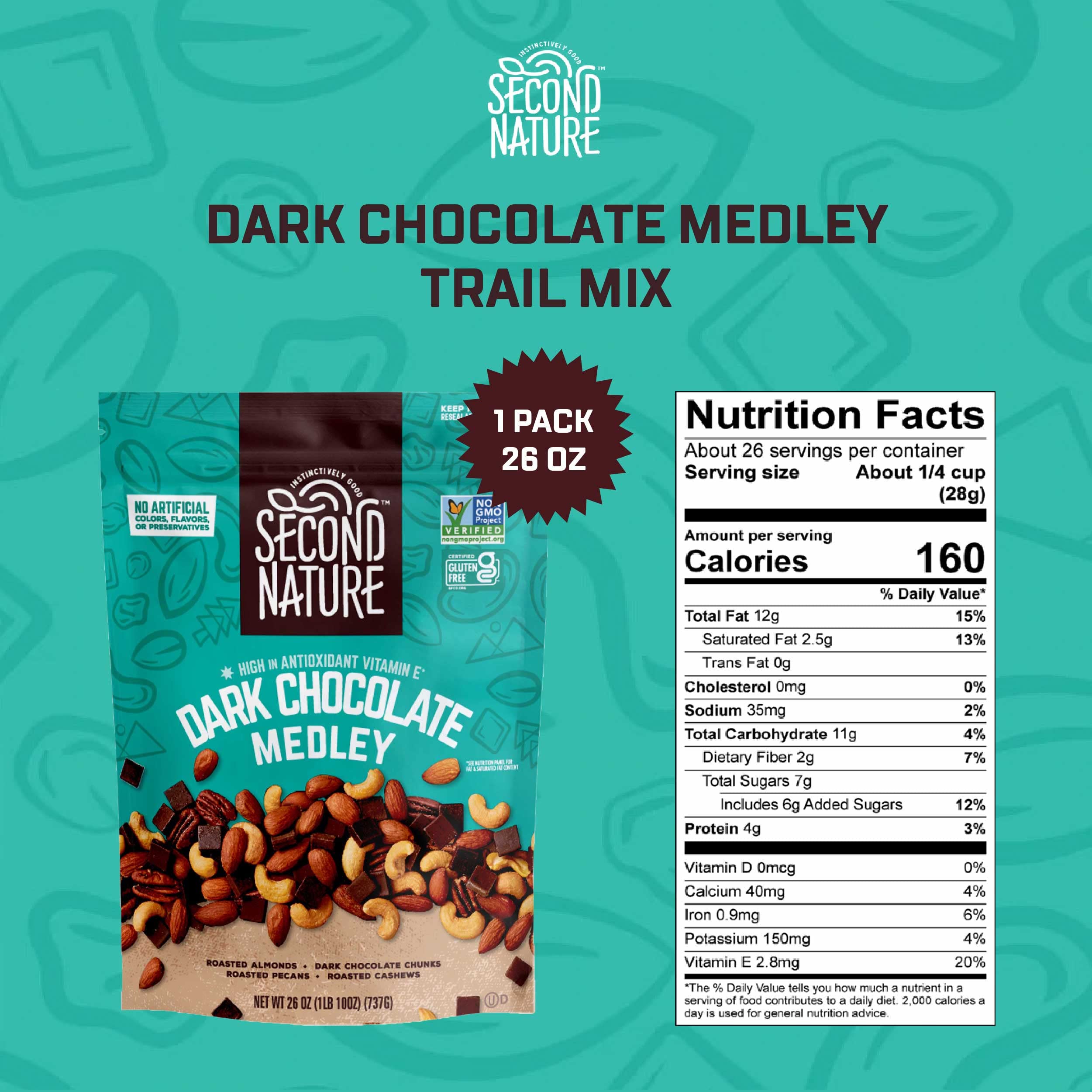 Second Nature Dark Chocolate Medley Trail Mix close-up with almonds, cashews, and pecans