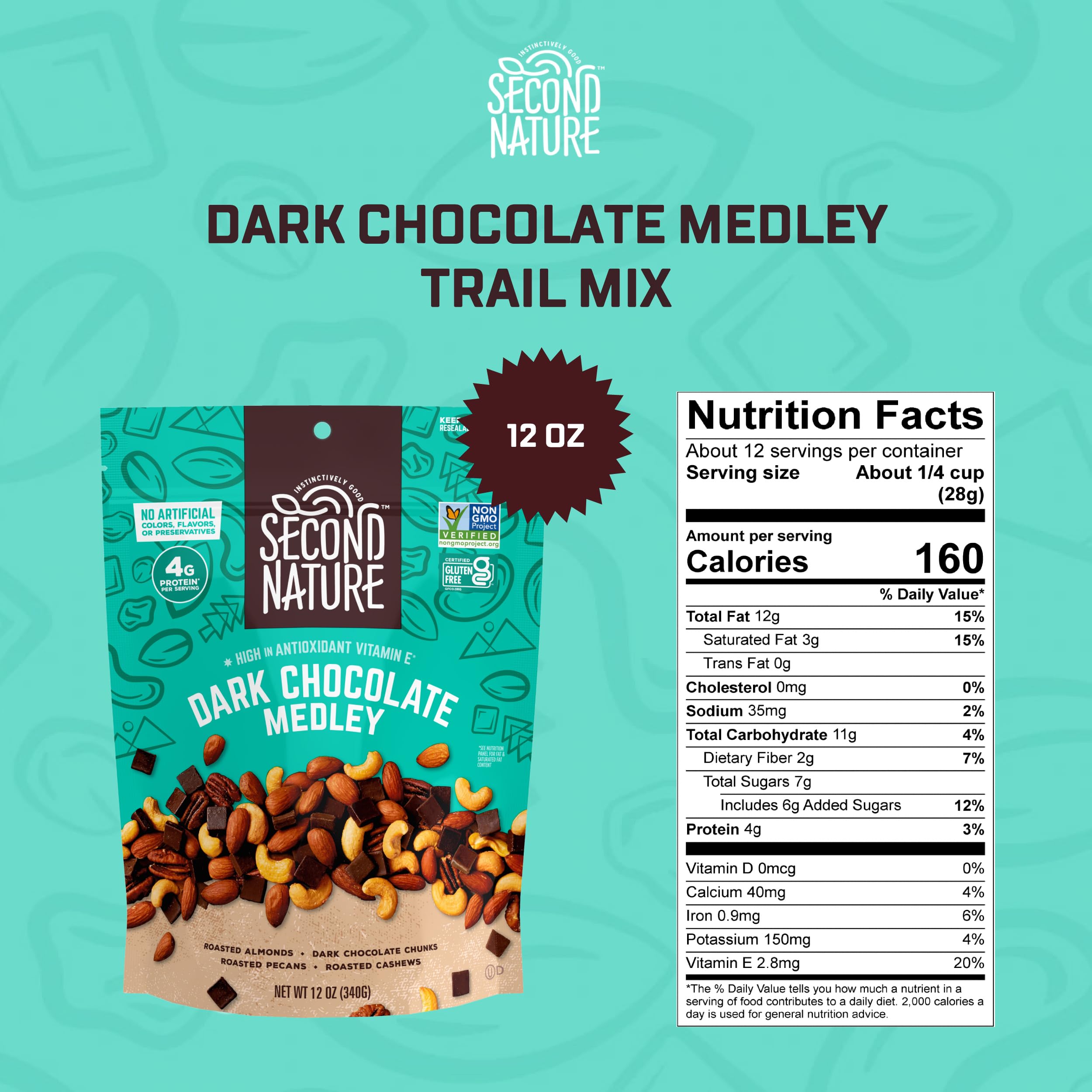 Second Nature trail mix close-up shows premium nuts and dark chocolate.