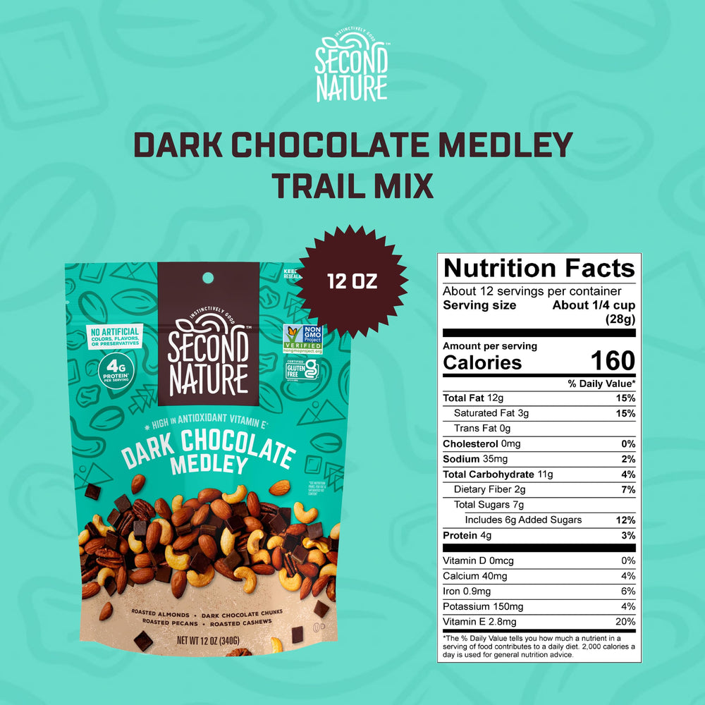 Second Nature trail mix close-up shows premium nuts and dark chocolate.