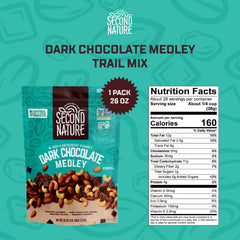 Second Nature Dark Chocolate Medley Trail Mix close-up with almonds, cashews, and pecans