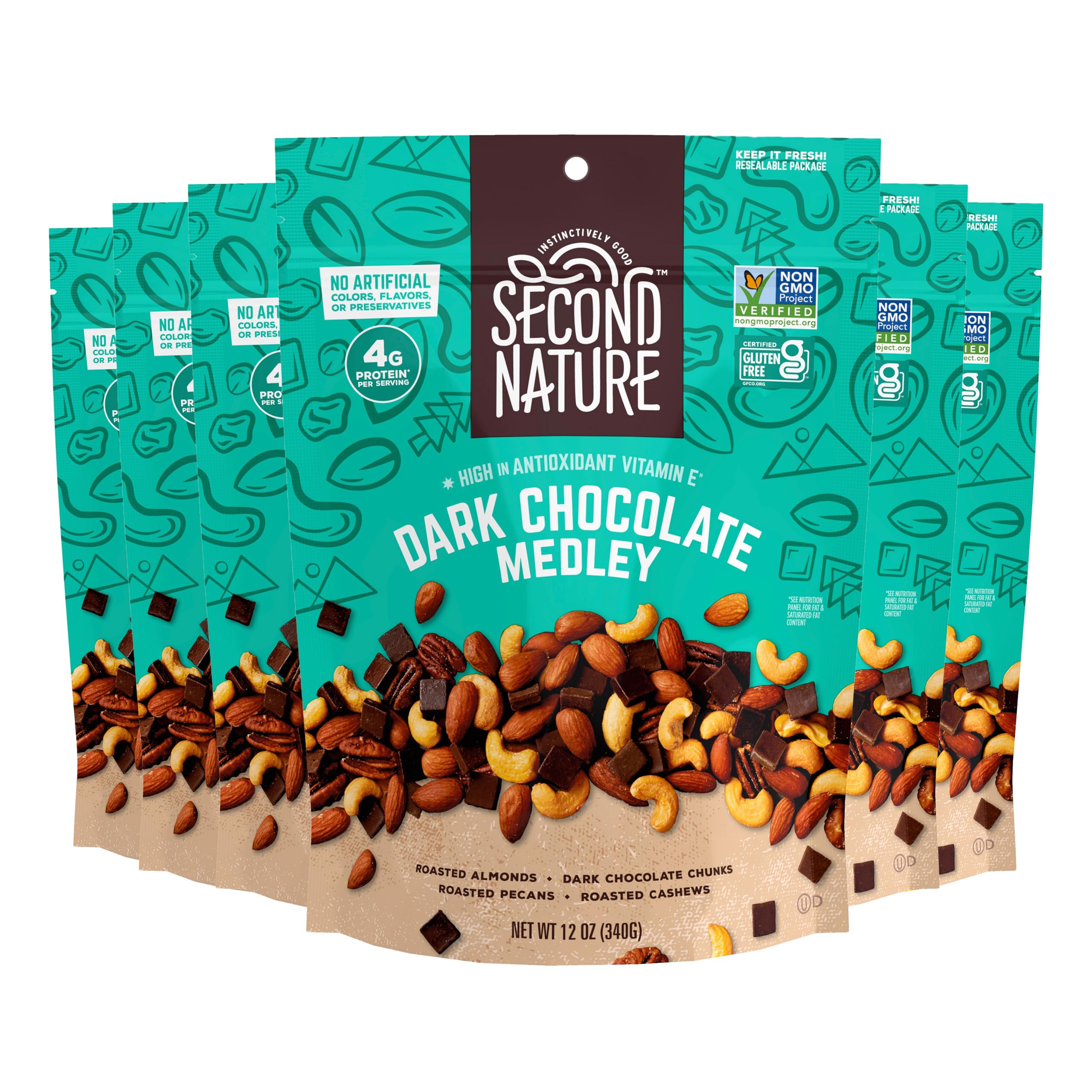 Second Nature Dark Chocolate Medley Trail Mix pack of six pouches for convenient on-the-go snacking.