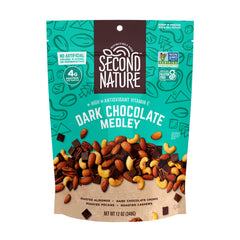 Second Nature Dark Chocolate Medley Trail Mix in a resealable pouch for easy travel.