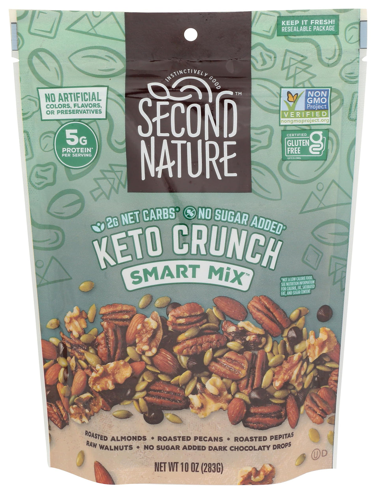 Second Nature Keto Crunch snack mix pouch—resealable for on-the-go snacking.