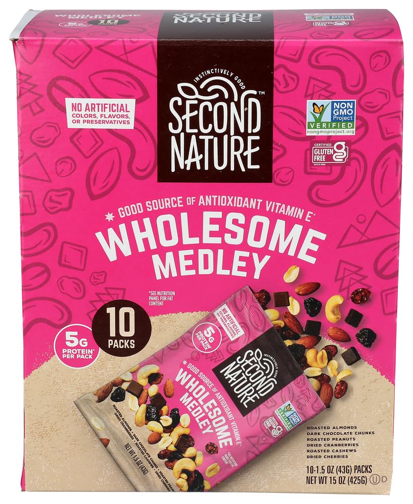 Second Nature Wholesome Medley Trail Mix close-up shows nuts and fruit for on-the-go snacking.