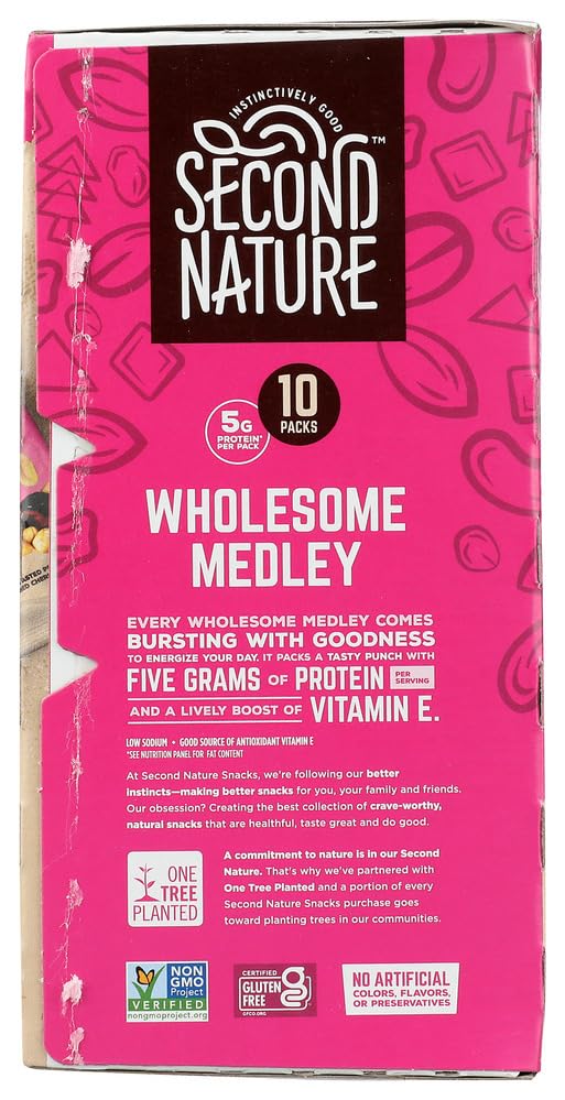 Second Nature Wholesome Medley Trail Mix 10-pack lifestyle shot highlights ready-to-eat portions.