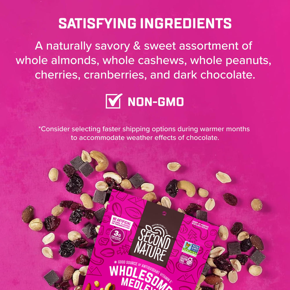 Second Nature Wholesome Medley Trail Mix cranberries and almonds close-up, gluten-free snack.