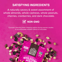 Second Nature Wholesome Medley Trail Mix cranberries and almonds close-up, gluten-free snack.