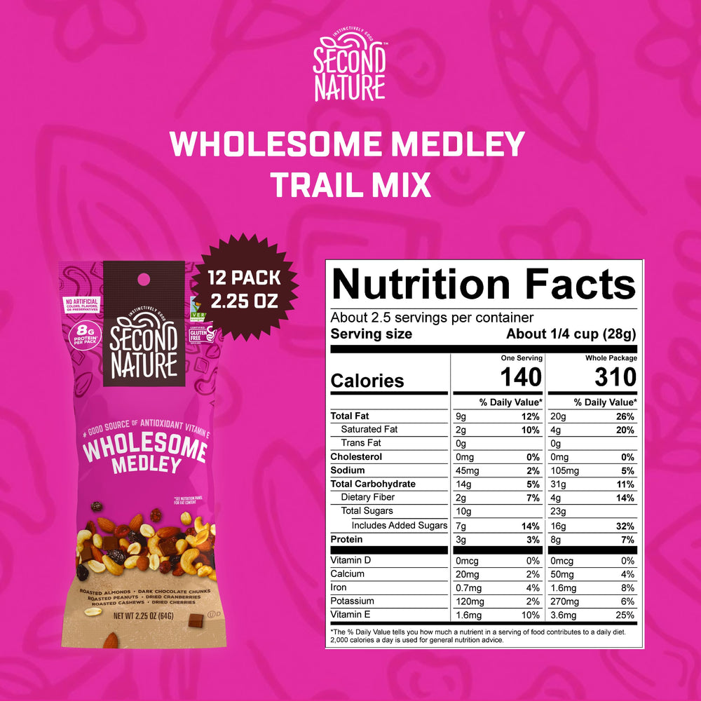 Second Nature Wholesome Medley Trail Mix dark chocolate and cherries close-up, flavorful treat.