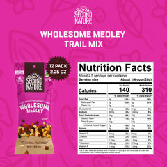 Second Nature Wholesome Medley Trail Mix dark chocolate and cherries close-up, flavorful treat.