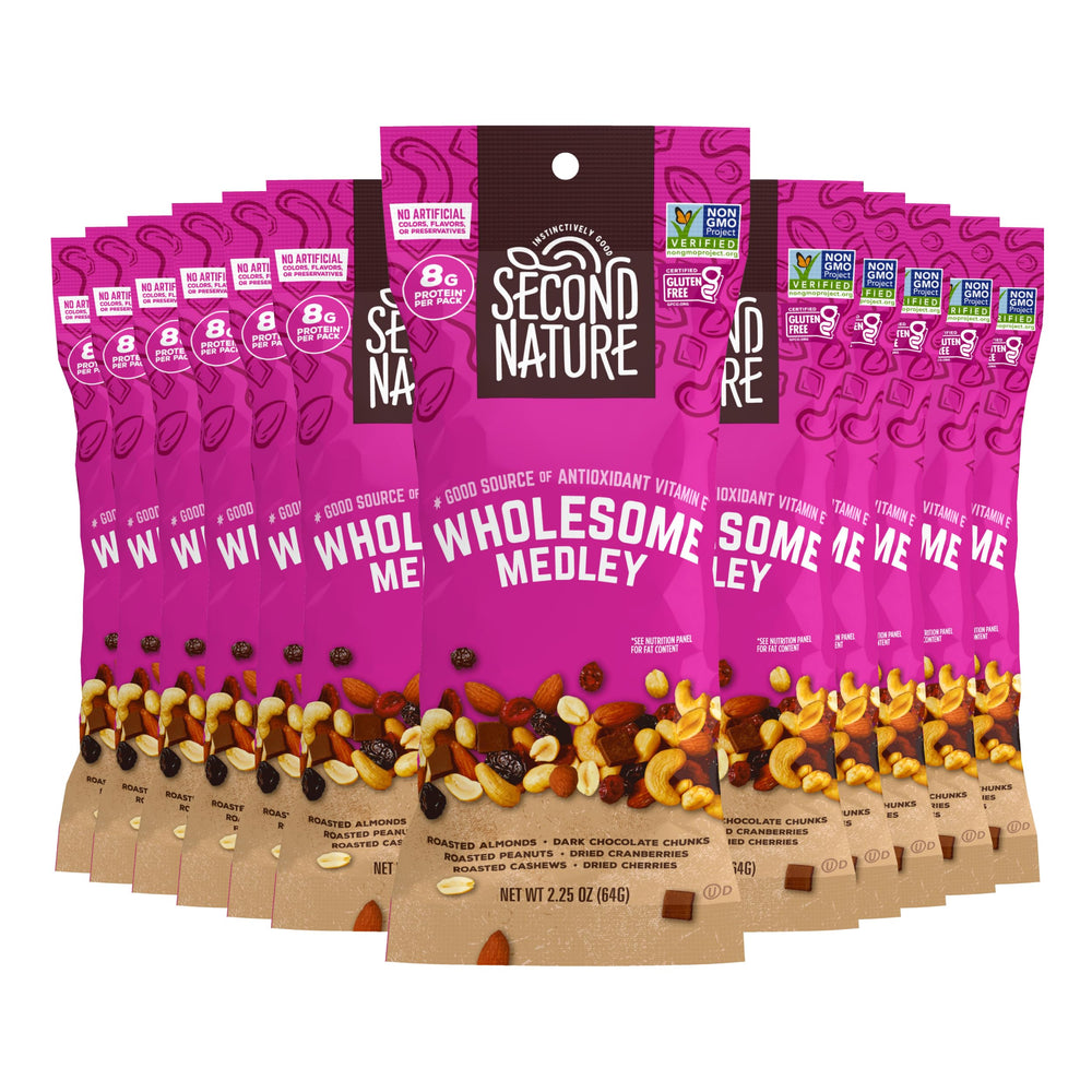 Second Nature Wholesome Medley Trail Mix almonds close-up for a crunchy energy boost.